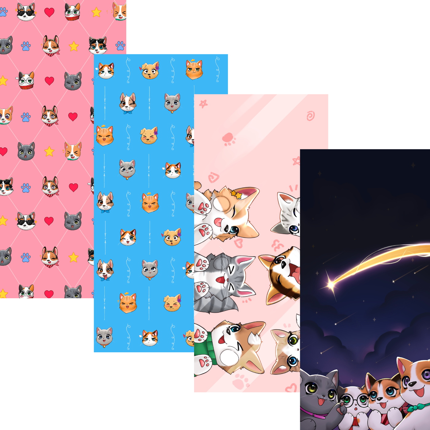 Set of mobile wallpapers available for free from Kittens vs Corgis featuring cute cats and dogs